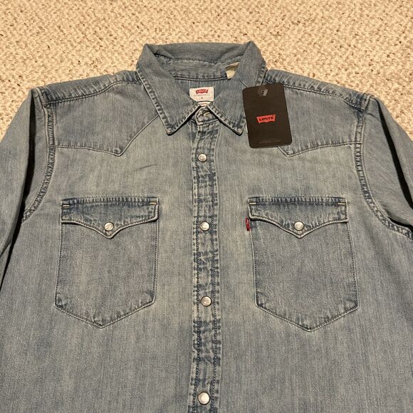Levi's Mens Barstow Western Denim Pearl Snap Shirt Blue Stone Wash New Sz Small - Picture 2 of 8
